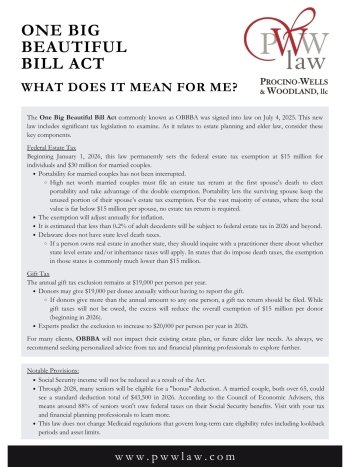 One Big Beautiful Bill Act estate planning, elder law, estate and trust administration, probate, Will, Trust, Power of Attorney, Advance Health Care Directive, Delaware