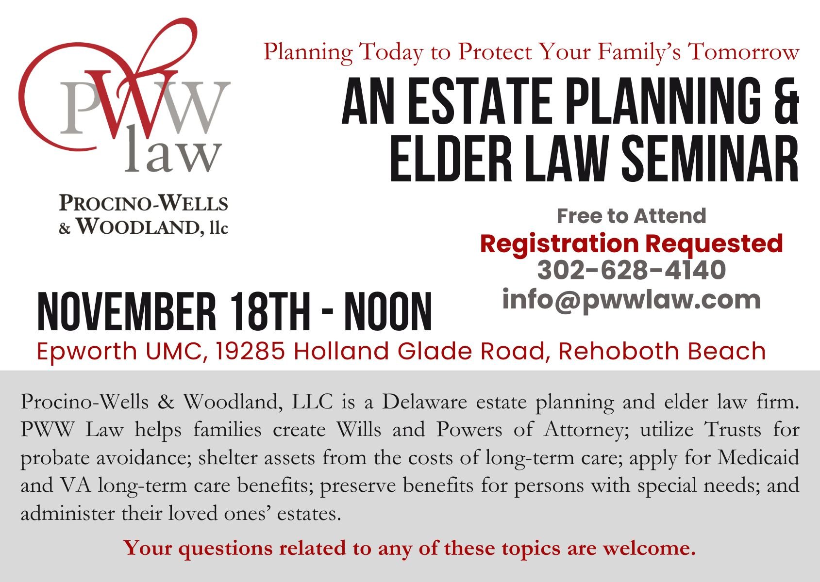 Delaware estate planning, elder law, estate and trust administration, probate, Will, Trust, Power of Attorney, Advance Health Care Directive, Delaware